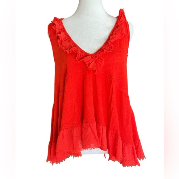 FREE PEOPLE “Out And About” Linen-Blend Ruffle Tiered Deep V-Neck Tank Top Red S - Picture 2 of 10